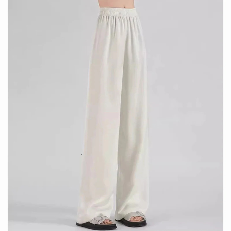 Summer Girls Thin Ice Silk Wide Leg Pants Female Casual High Waisted Straight Leg Trousers Lady Comfortable Satin Fabric Pants 250517