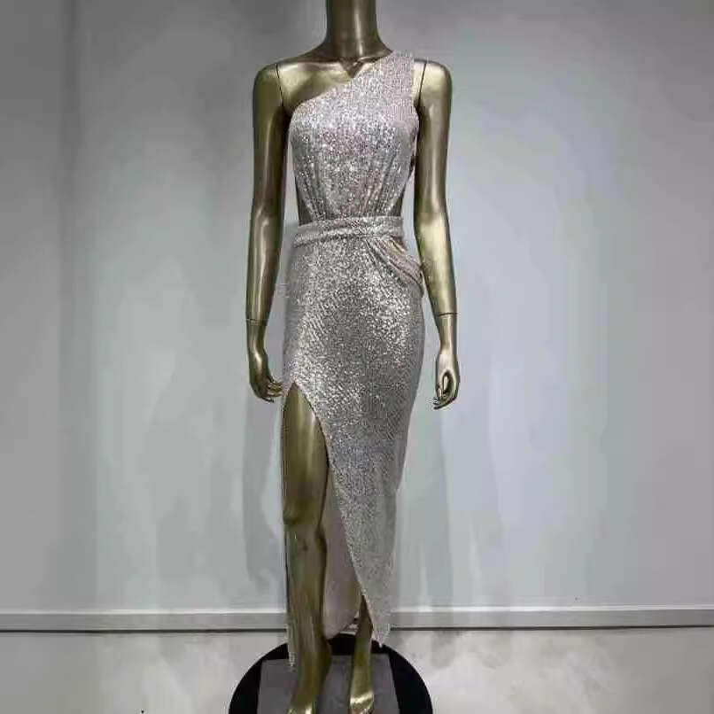 Maxi Dress New Elegant Single Shoulder Sparkling Party Dress KQ