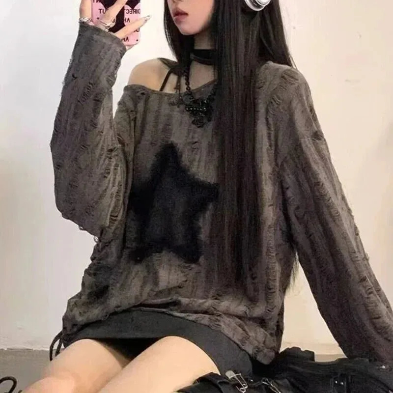Y2K Hole Star Print T-Shirt Women Fashion Streetwear Off Shoulder Tops Summer Oversized Kpop Long Sleeve Loose Tees Ladies 250517