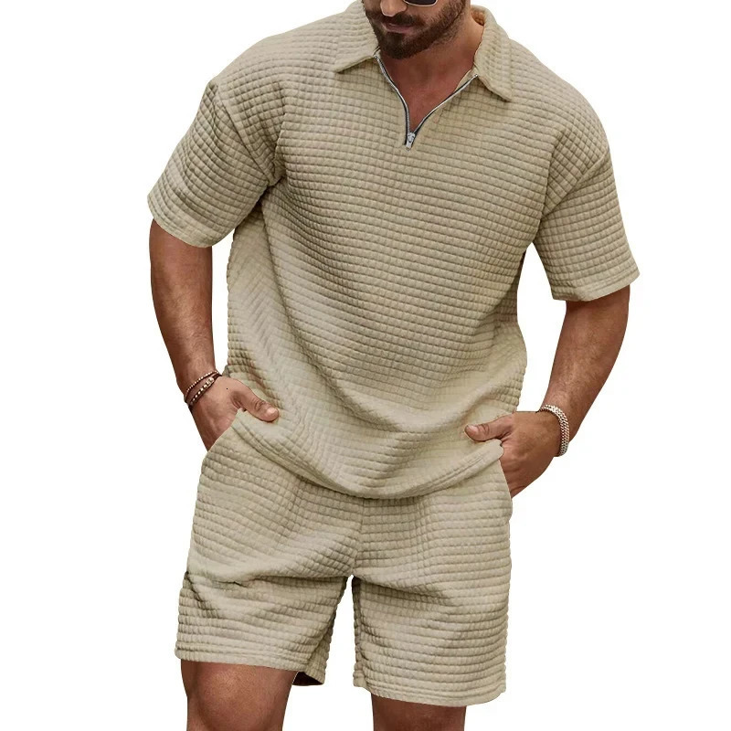 Summer Mens Fashion Casual Daily Solid Color Loose Waffle Suit Short Sleeve Shorts Suit Polo Shirt Men Casual 250517