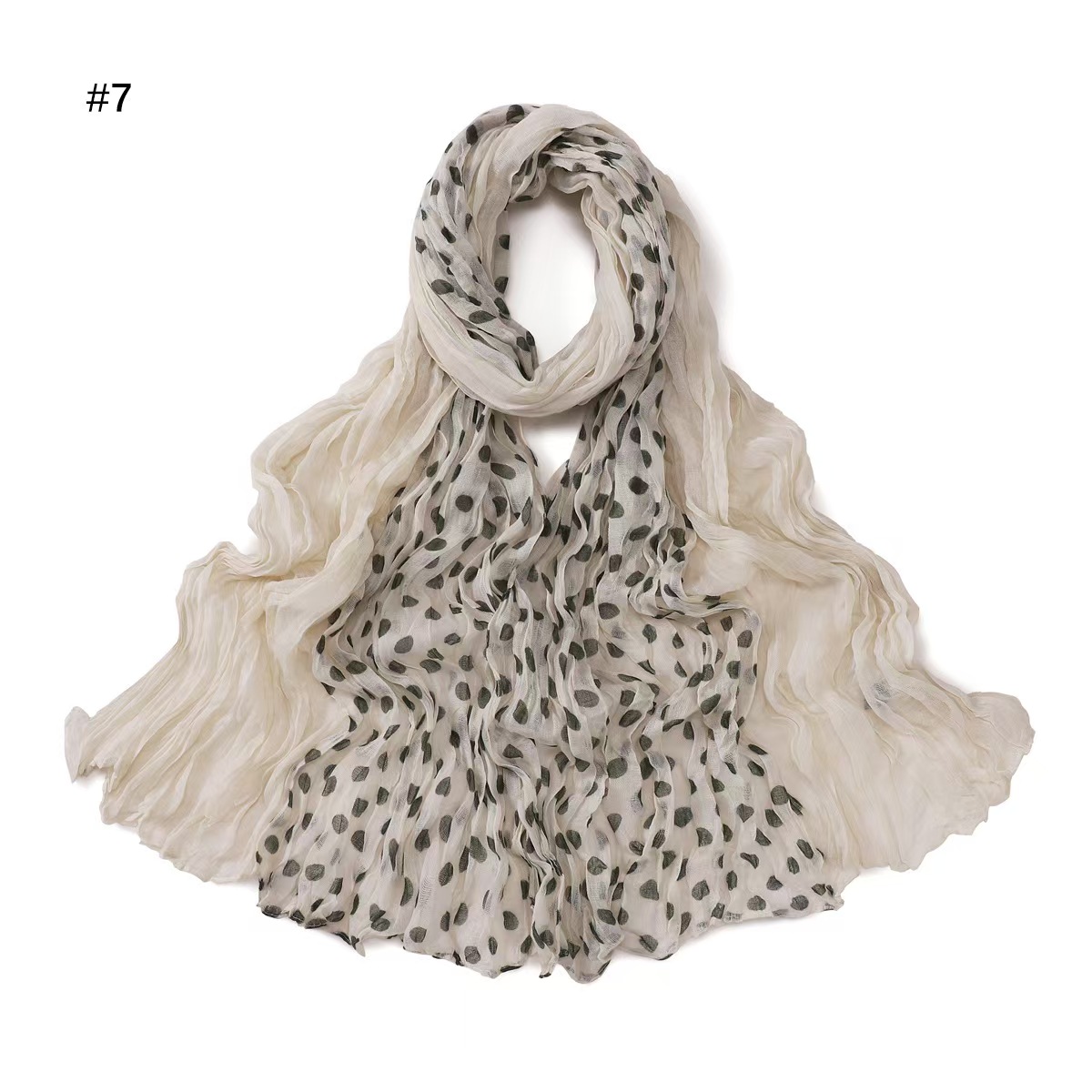 T742 Fresh Forest Artistic Polka Dot Bali Gauze Pleated Scarf Color Matching Printed Crumpled Twisted Head Scarf Silk Scarf Women