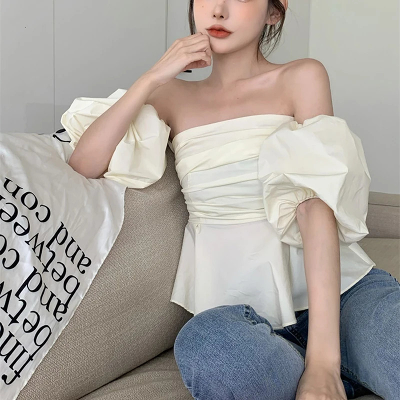 Beach Style Slash Neck Woman Solid Shirt Summer Off Shoulder Puff Short Sleeve Ladies Blouse Folds Sexy Backless Female Tops 250517