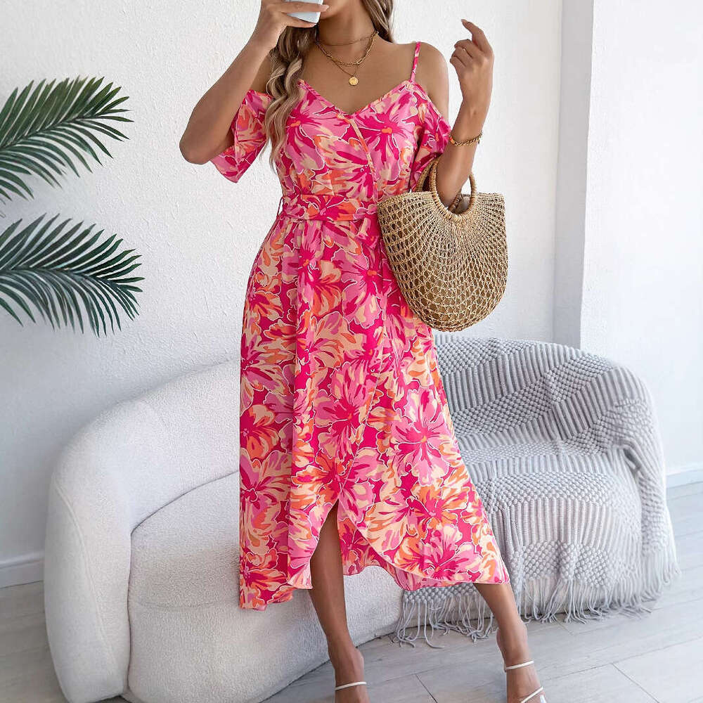 Maxi Dress Spring And Summer Off Shoulder Cross V Neck Floral Suspender Long Vacation Dress Women S Clothing Formai Dress