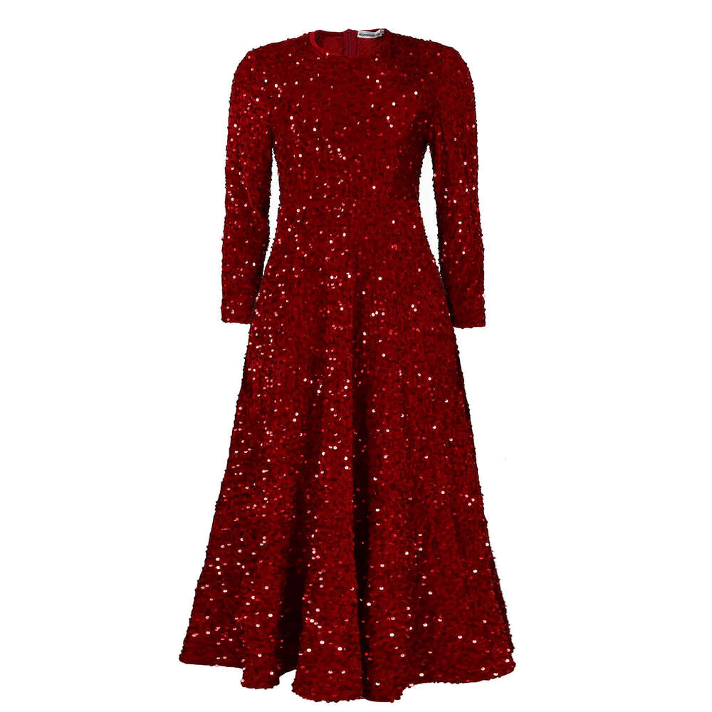 Maxi Dress D New Women S Round Neck Long Sleeve Solid Color Sequin High Waist Temperament Mid Length Dress KQ