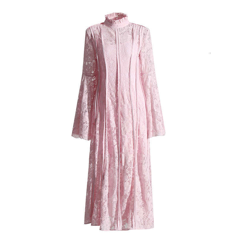 Maxi Dress Summer New Stand Up Collar Horn Sleeve Lace Splicing Waist Long Dress For Women KQ