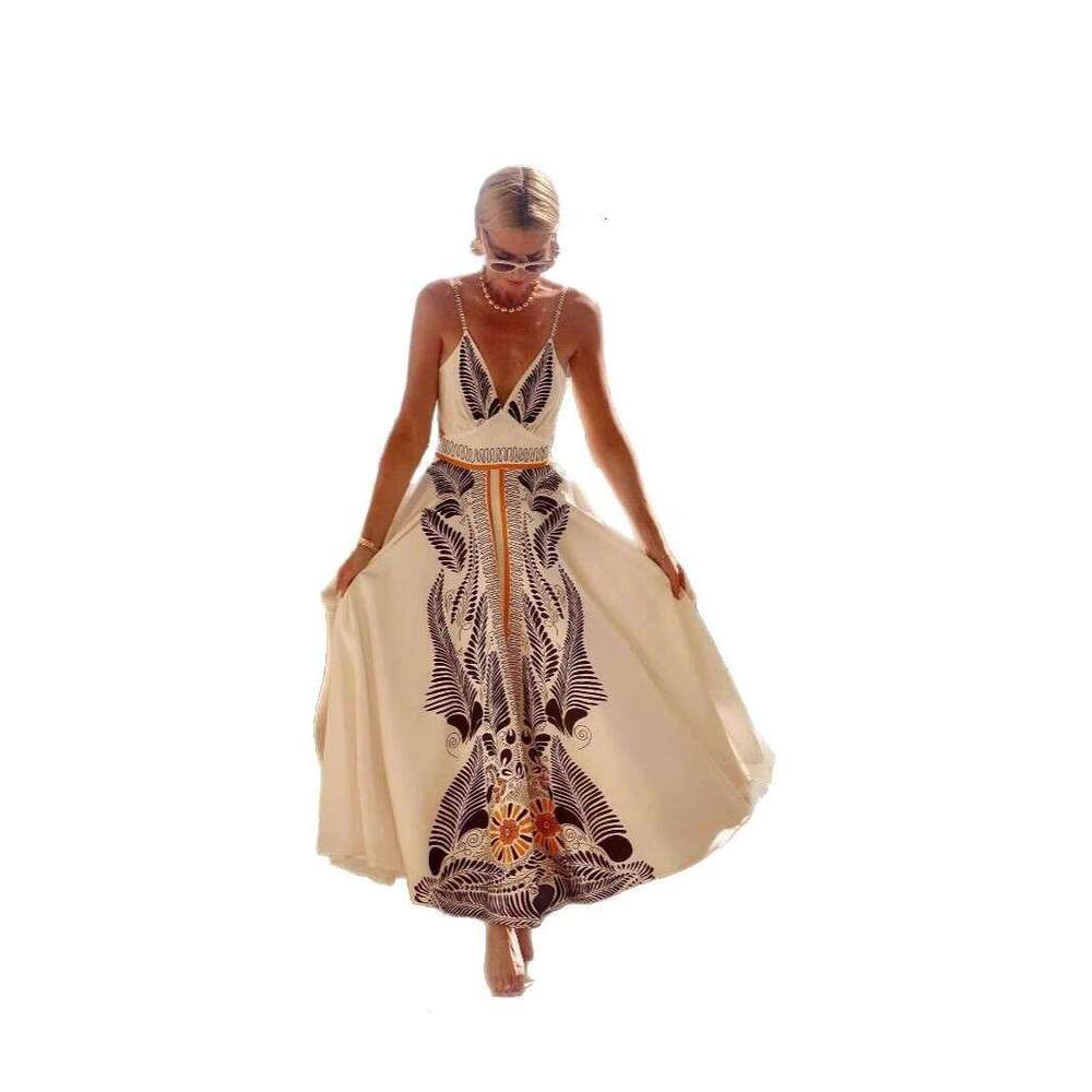 Maxi Dress Year Summer New Backless Lace Up Long With Printed V Neck Elegant Dress KQ