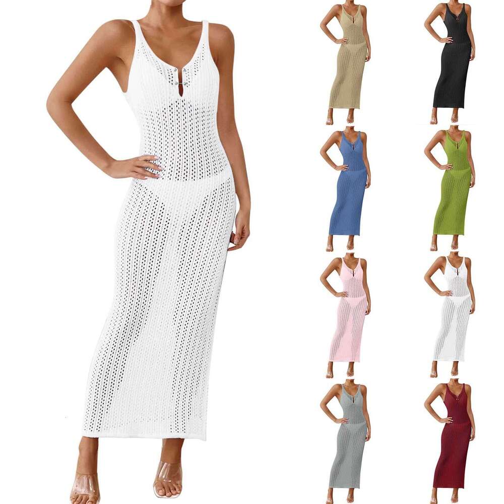 Maxi Dress New Hollow Texture V Neck Sleeveless Vacation Dress Beach Sun Protection Backless Long Dress KQ