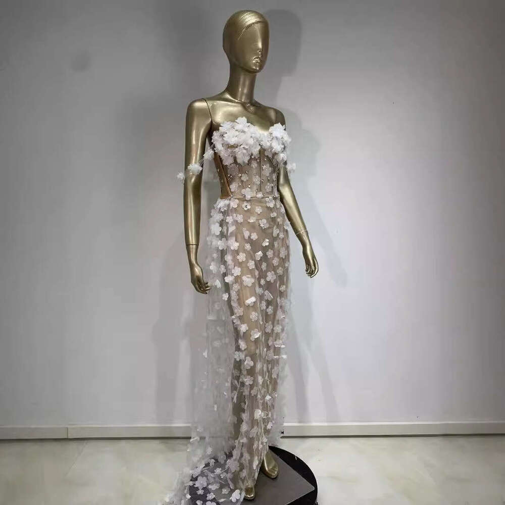 Maxi Dress Flower Mesh Nightclub Party Performance Perspective Dress KQ