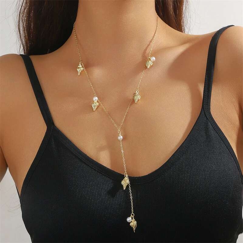 Boho Ocean Series Necklace for Women Gold Color Starfish Shell Pearl Fish Tail Conch Pendant Metal Chain Choker Beach Jewelry