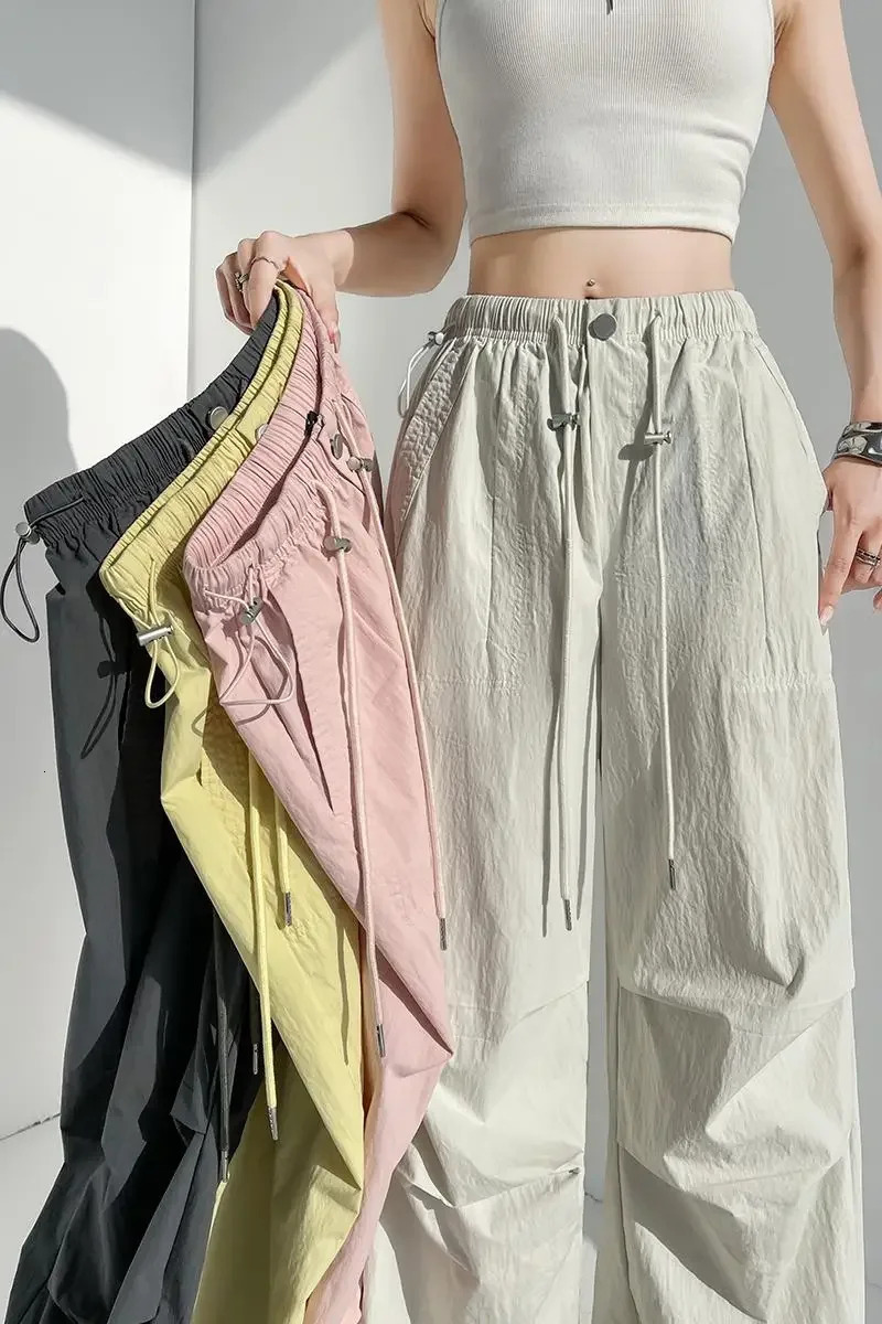 Womens Street Wear Elastic Waist Ice Silk QuickDrying Snug Sports StraightLeg Pants Summer Casual Loose WideLeg Cargo 250506