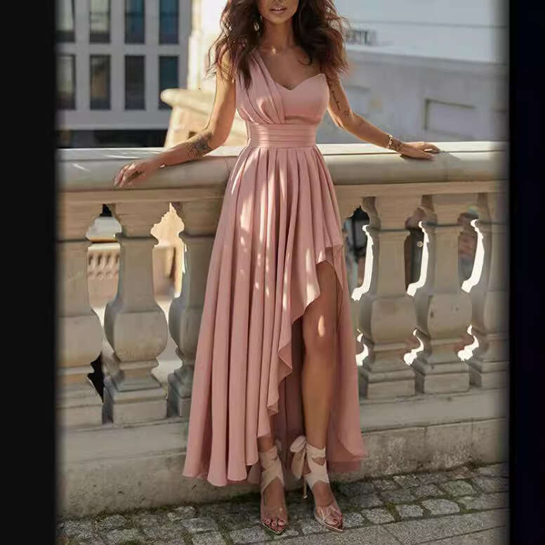 Maxi Dress New Solid Color Chiffon Sloping Shoulder Slim Fit Long Irregular Hem Dress KQ