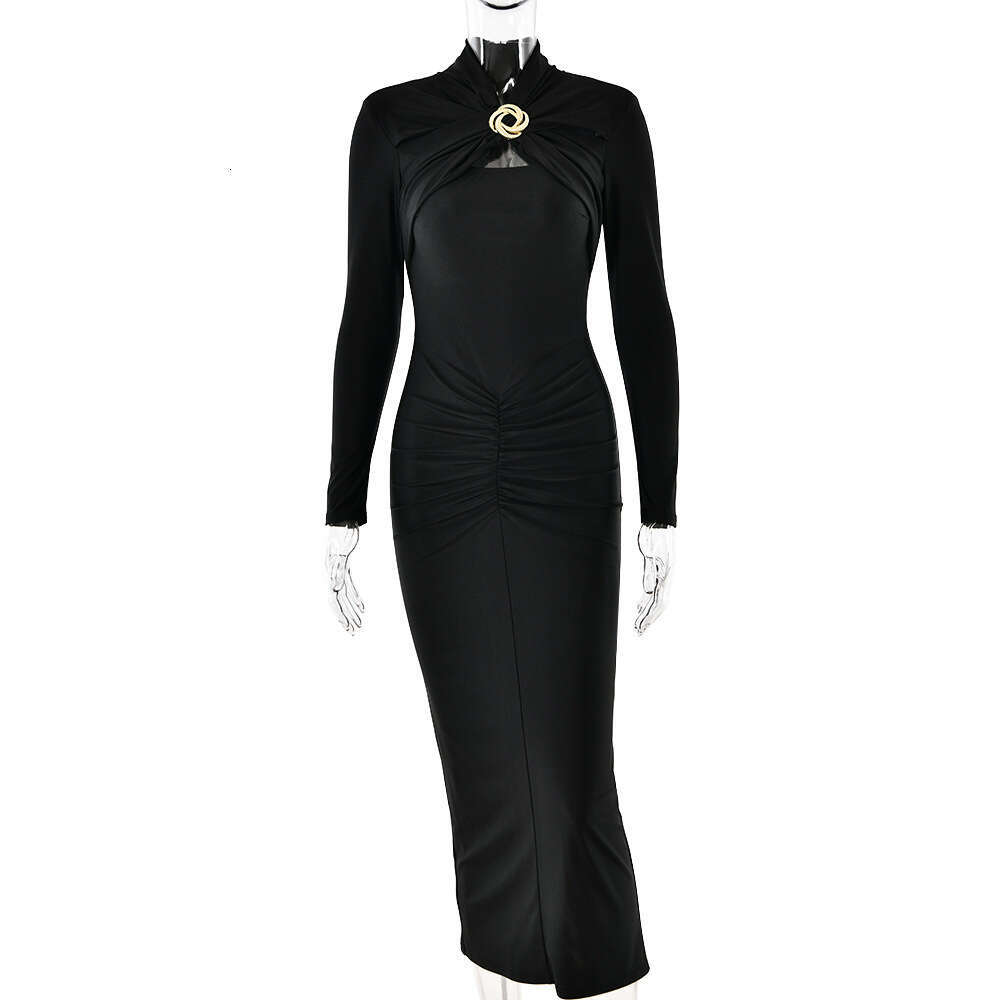 Maxi Dress New Women S Skirt Sexy Slim Fit Pleated Hollow Long Sleeved Dress Formai Dress