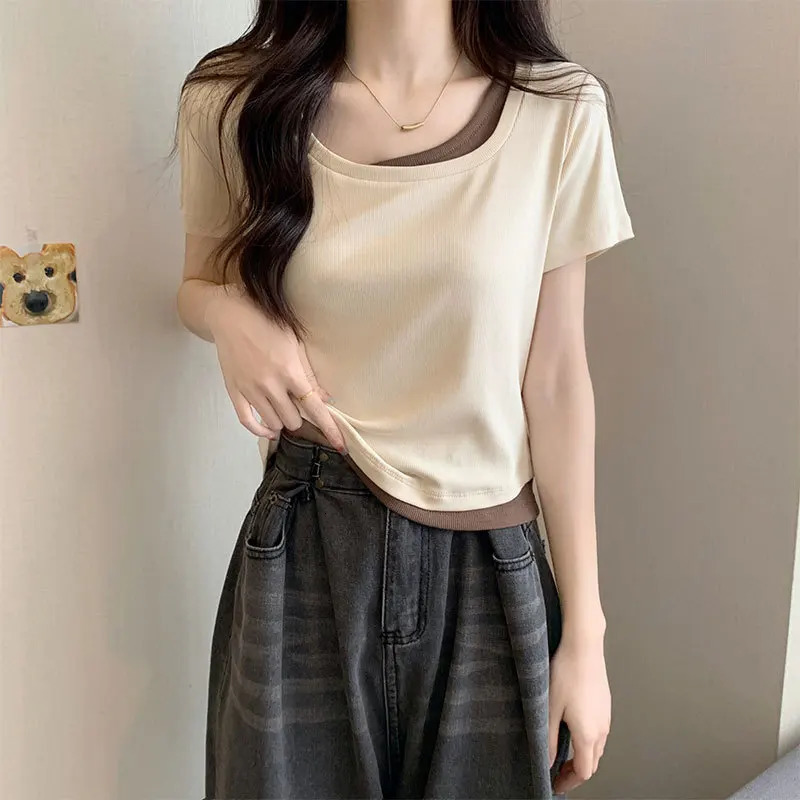 Slim T-shirt for Women for Womens Short-sleeved Summer Two-piece Spliced shoulder Pure Desire Cotton Top 250517