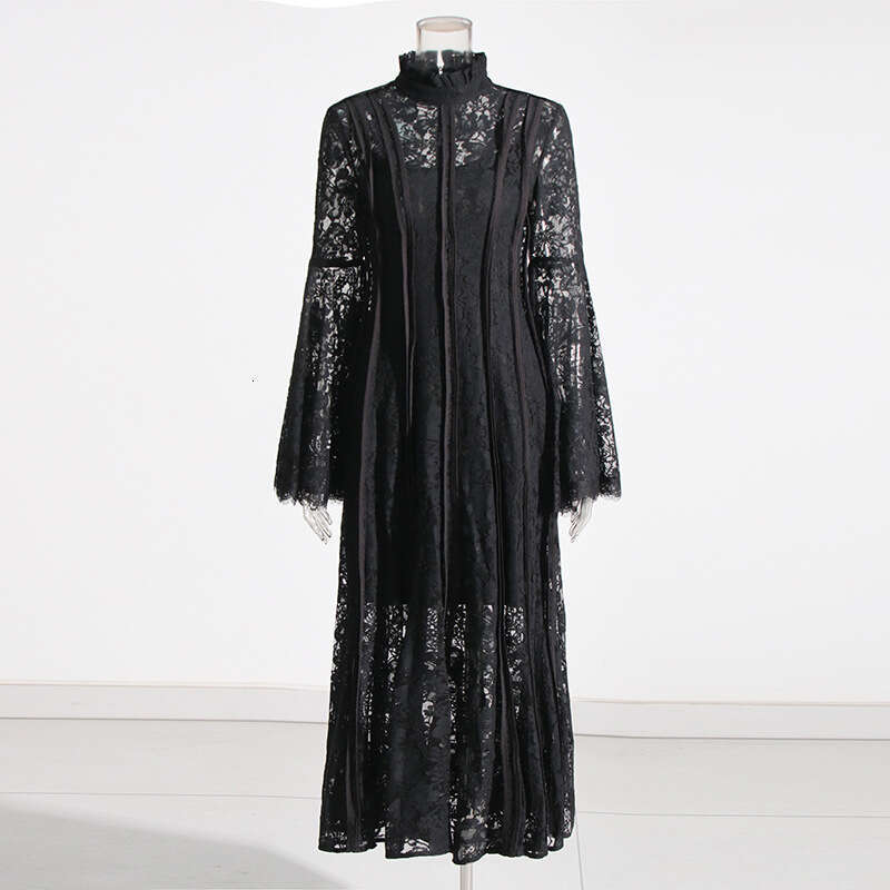 Maxi Dress Summer New Stand Up Collar Horn Sleeve Lace Splicing Waist Long Dress For Women KQ