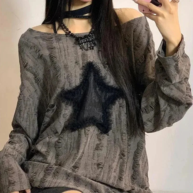 Y2K Hole Star Print T-Shirt Women Fashion Streetwear Off Shoulder Tops Summer Oversized Kpop Long Sleeve Loose Tees Ladies 250517