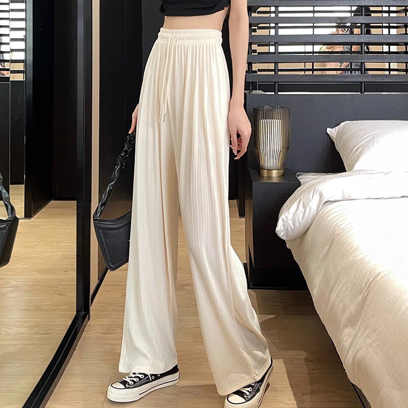 Summer Women High Waist Wide Leg Pants Lady Cute Green Pink Baggy Straight Leg Trousers Female Cool Ice Silk Outside Slacks 250517