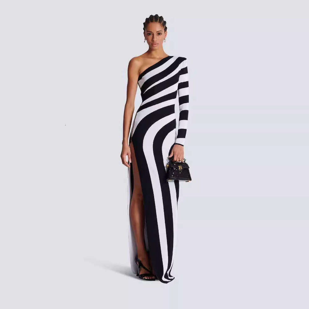 Maxi Dress New Zebra Pattern Single Shoulder Long Sleeve Bare Leg Bandage Banquet Party Dress KQ