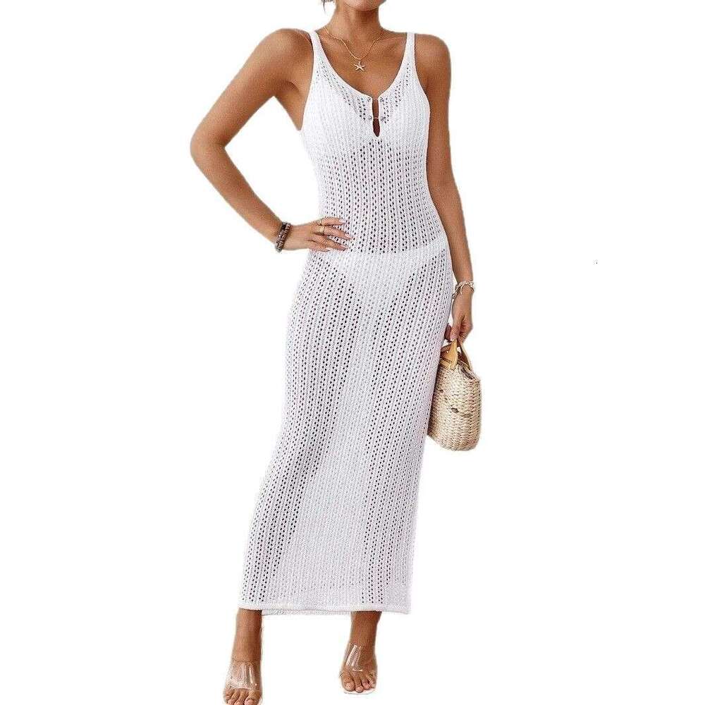 Maxi Dress New Hollow Texture V Neck Sleeveless Vacation Dress Beach Sun Protection Backless Long Dress KQ