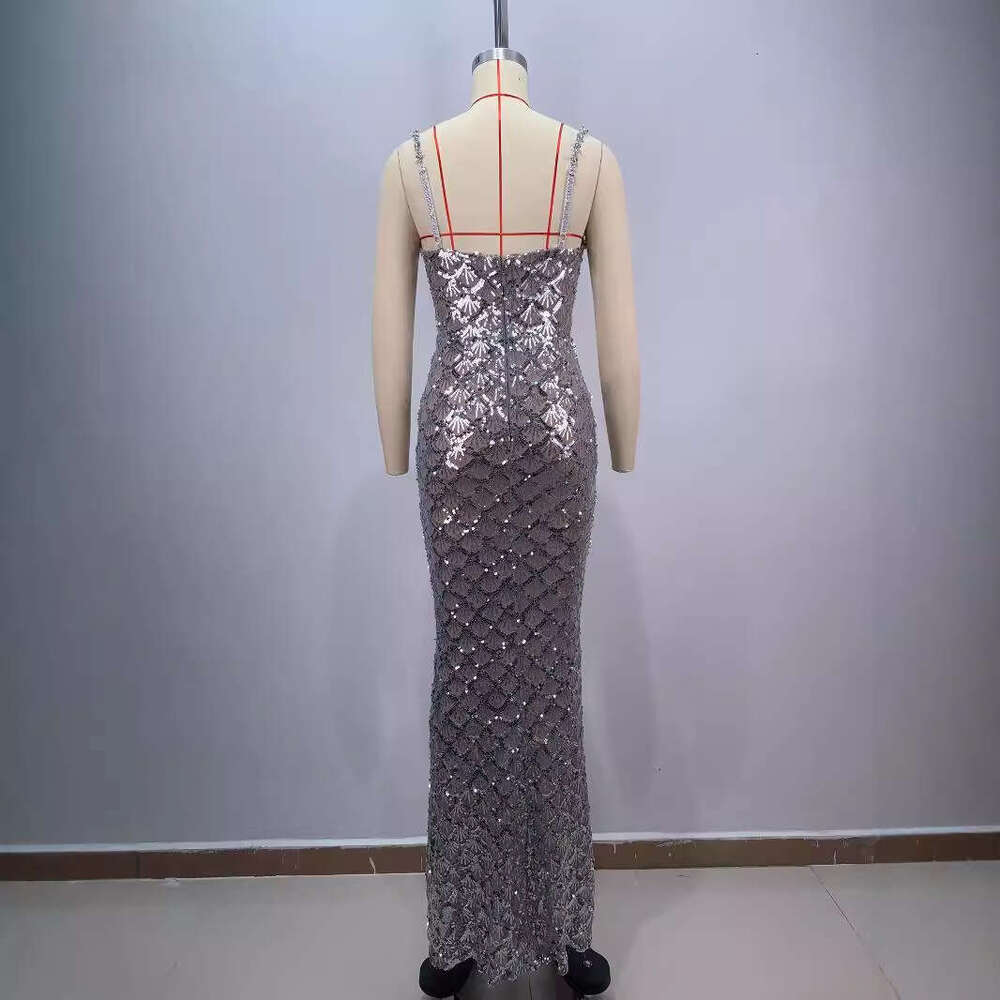 Maxi Dress Sexy V Neck See Through Fan Shaped Sequin Embroidered Suspender Dress Fashionable And Elegant Socialite Party Dinner Gift Formai Dress