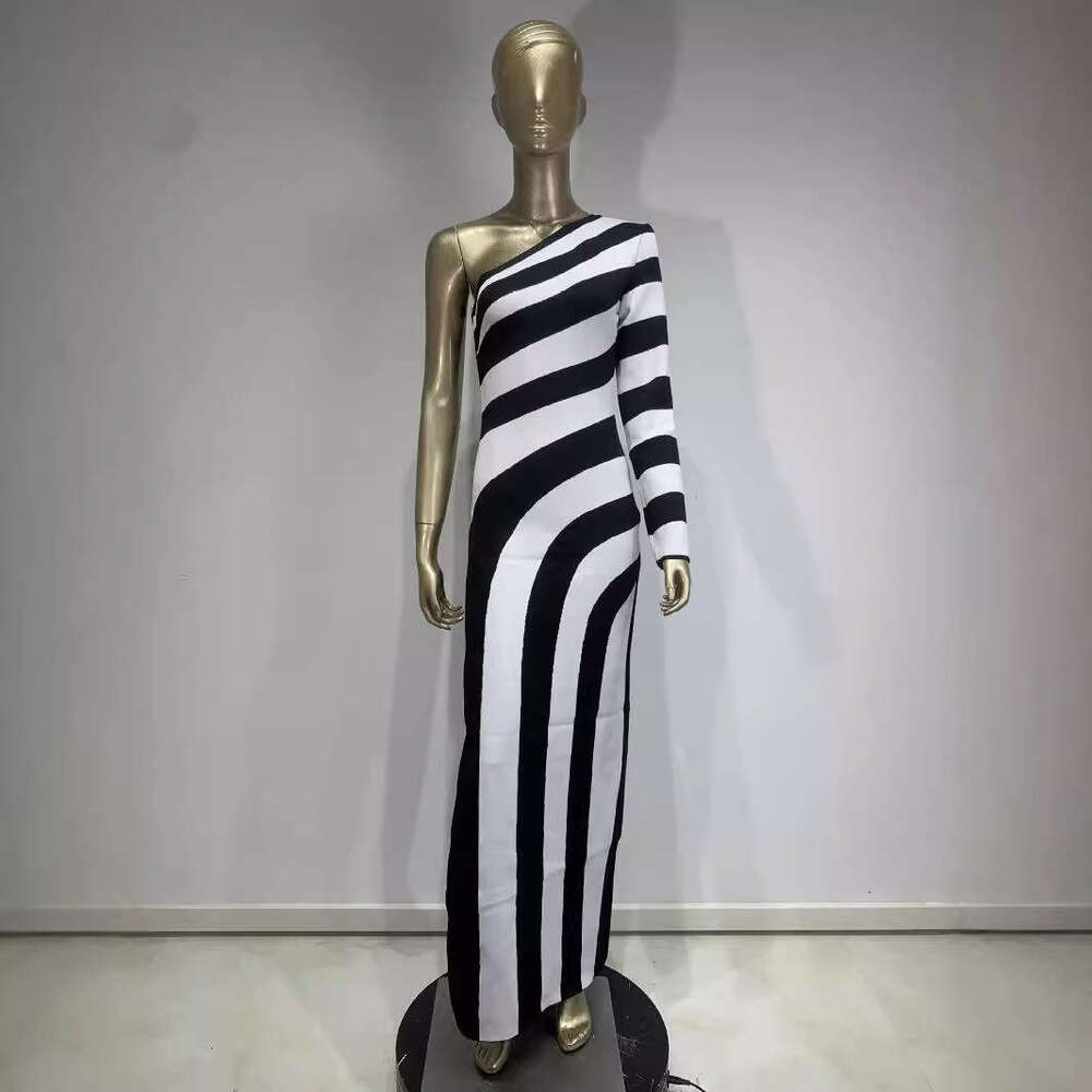 Maxi Dress New Zebra Pattern Single Shoulder Long Sleeve Bare Leg Bandage Banquet Party Dress KQ