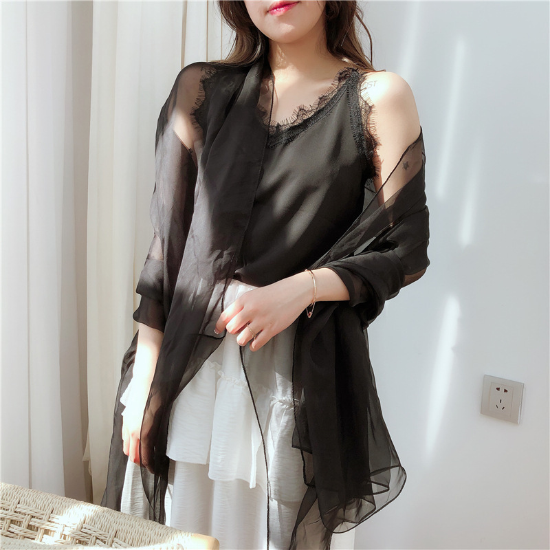 K753 Silk scarf spring and summer light chiffon scarf ultra-thin solid color ice silk scarf long beach sunscreen large shawl beach towel