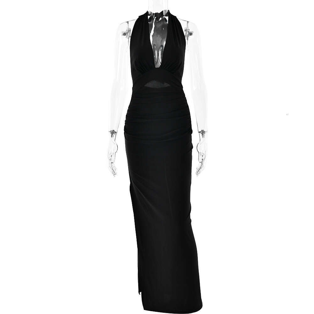 Maxi Dress Ins Style Summer New Sexy V Neck Hanging Neck Backless Long Skirt Solid Color Slit Dress Formai Dress