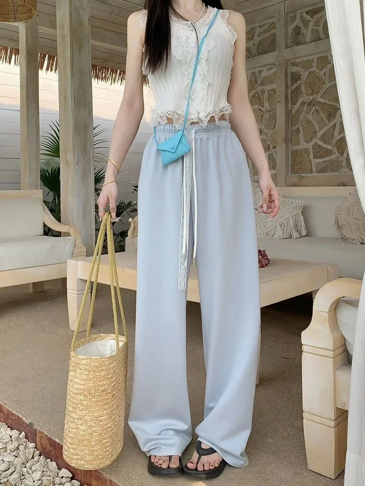 Womens casual lace brushed loose fitting pants for spring and summer 2025 solid elastic waist straight women 250506