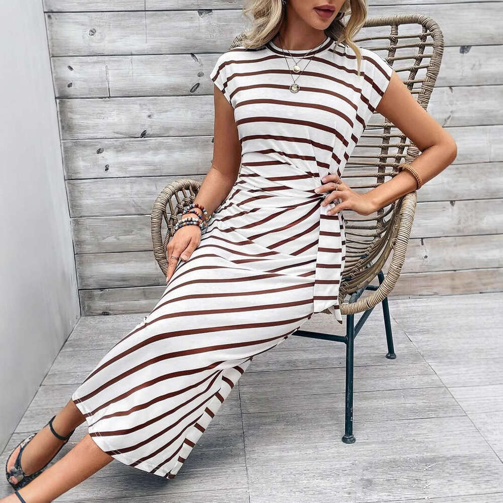 Maxi Dress Elegant Temperament Waist Strap Striped Round Neck Short Sleeved Long Dress Summer High End Women S Clothing KQ