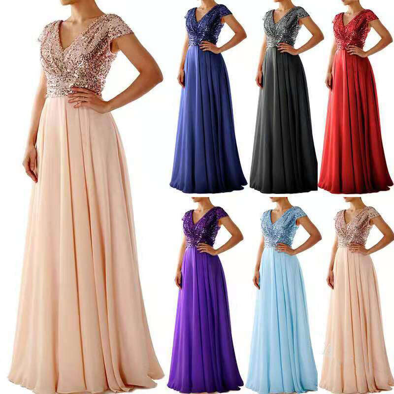 Maxi Dress Summer New V Neck Sparkling Chiffon Splicing Evening Long Dress KQ