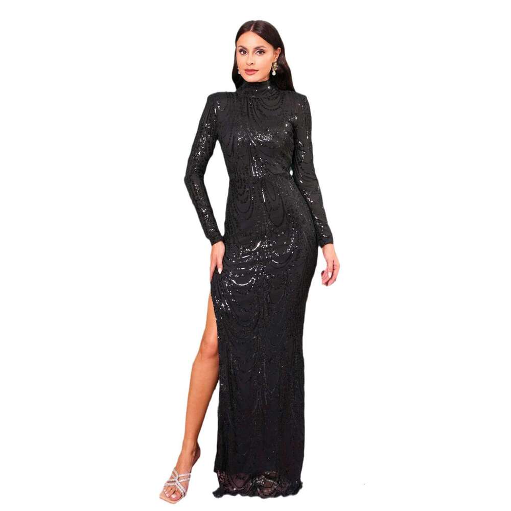 Maxi Dress Long Sleeved Temperament Round Neck Sexy Slim Fit Long Sequin Banquet Evening Bridesmaid Women S Dress KQ