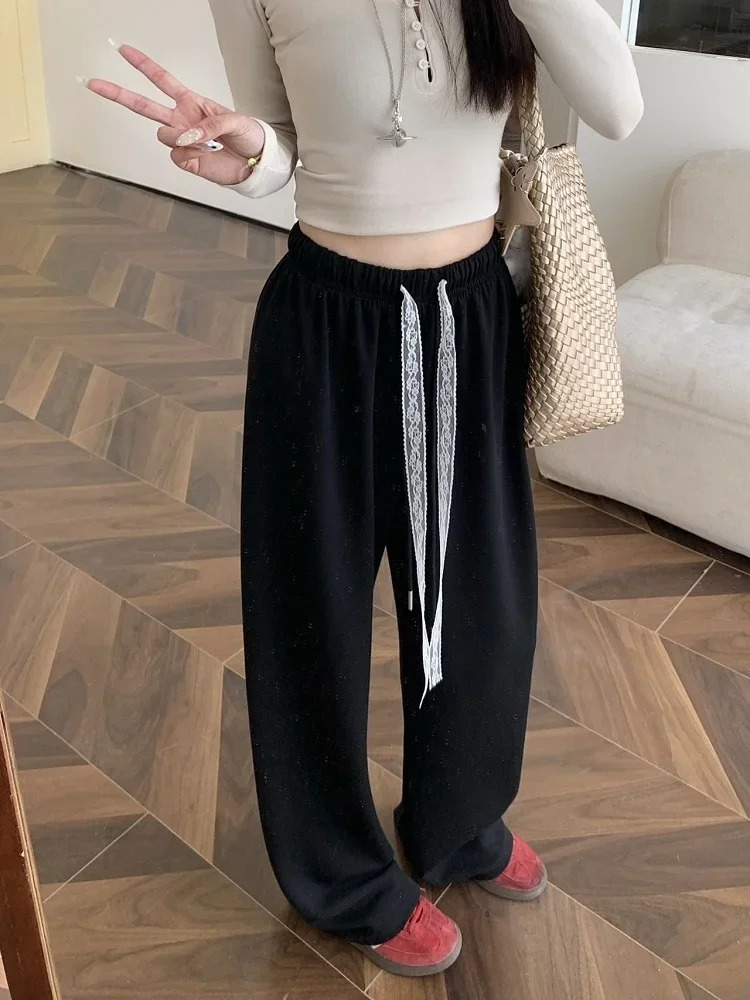 Womens casual lace brushed loose fitting pants for spring and summer 2025 solid elastic waist straight women 250506