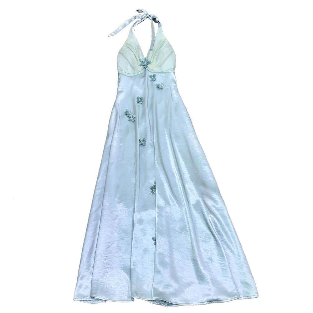 Maxi Dress Lacema Butterfly Pearl French Holiday Style Heavy Industry Hanging Neck Blue Flower Satin Fairy Dress KQ