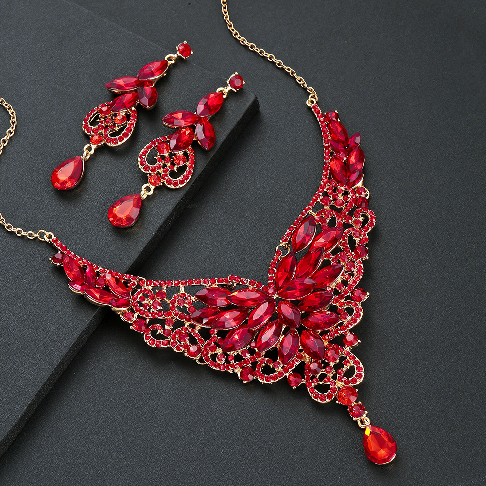 Trendy Red Crystal Jewelry Set Necklace Earrings Ins Style Fashion Statement Rhinestone Accessories for Women