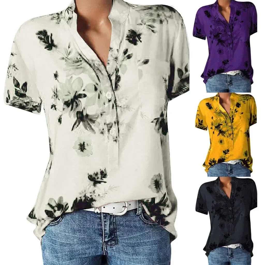 Summer Short Sleeve Button Down Shirts Vintage Elegant Floral Print Lapel Regular Size Pocket Casual Holiday Shirt 250516Z