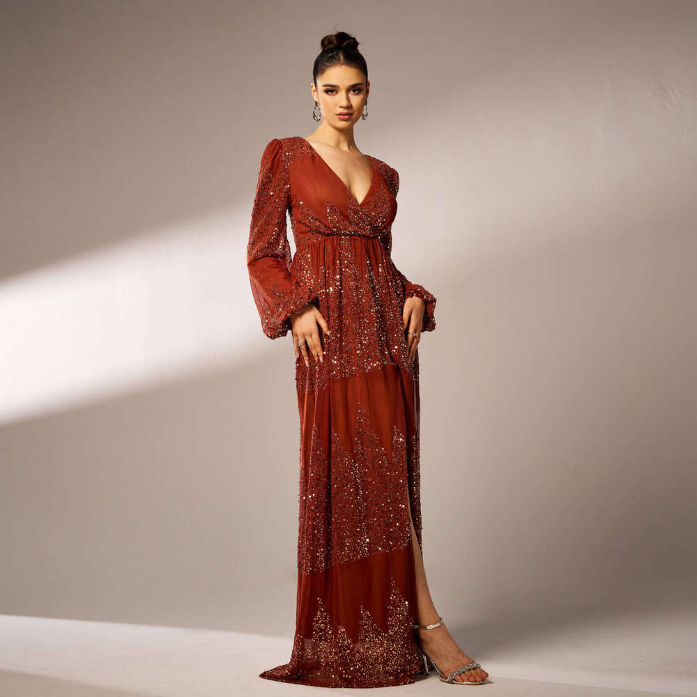 Maxi Dress High End Sleeved Temperament V Neck Sexy Long Sequin Banquet Evening Bridesmaid Women S Dress KQ