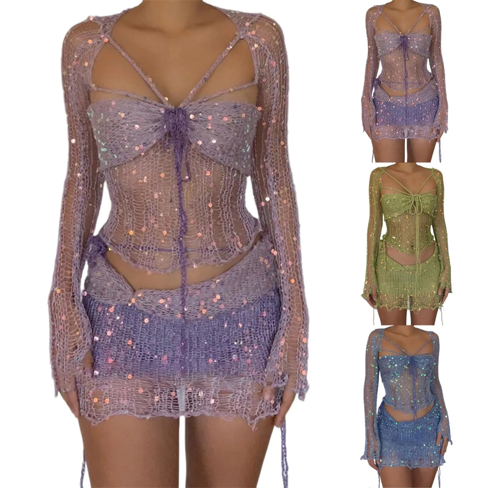 Sexy Crochet Knitted Sequins Dress 2 Piece Skirt Sets Elegant Knit Crop Tops Mini Skirts Hollow Out Two Piece Set Women Outfits 250516