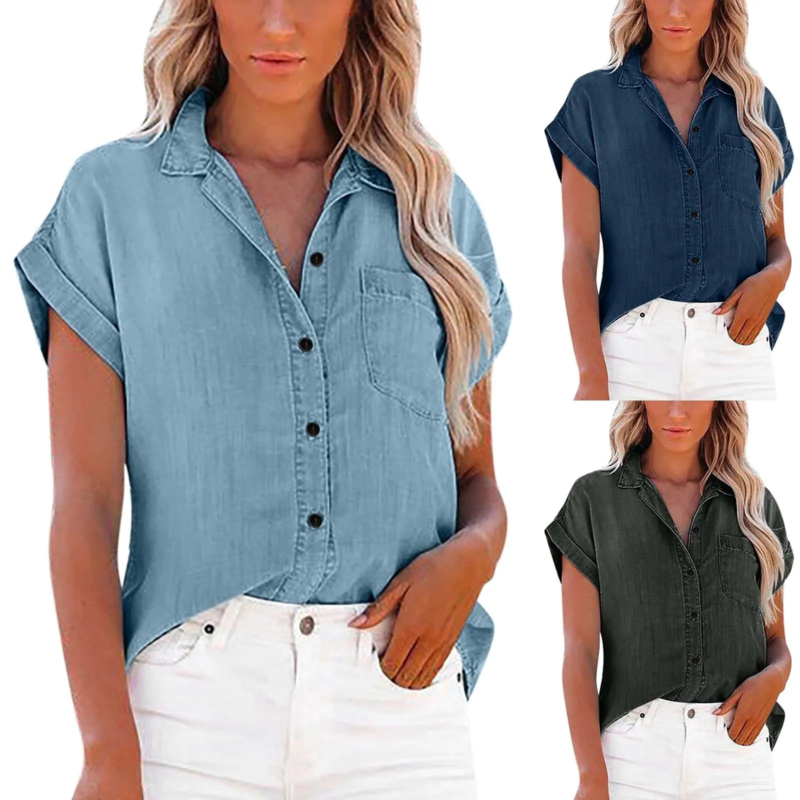 Vintage Denim Blouse Women Shirts Short Sleeve Button Up Jean Ladies High Street Loose Tops Elegant Harajuku Tunics 250516Z