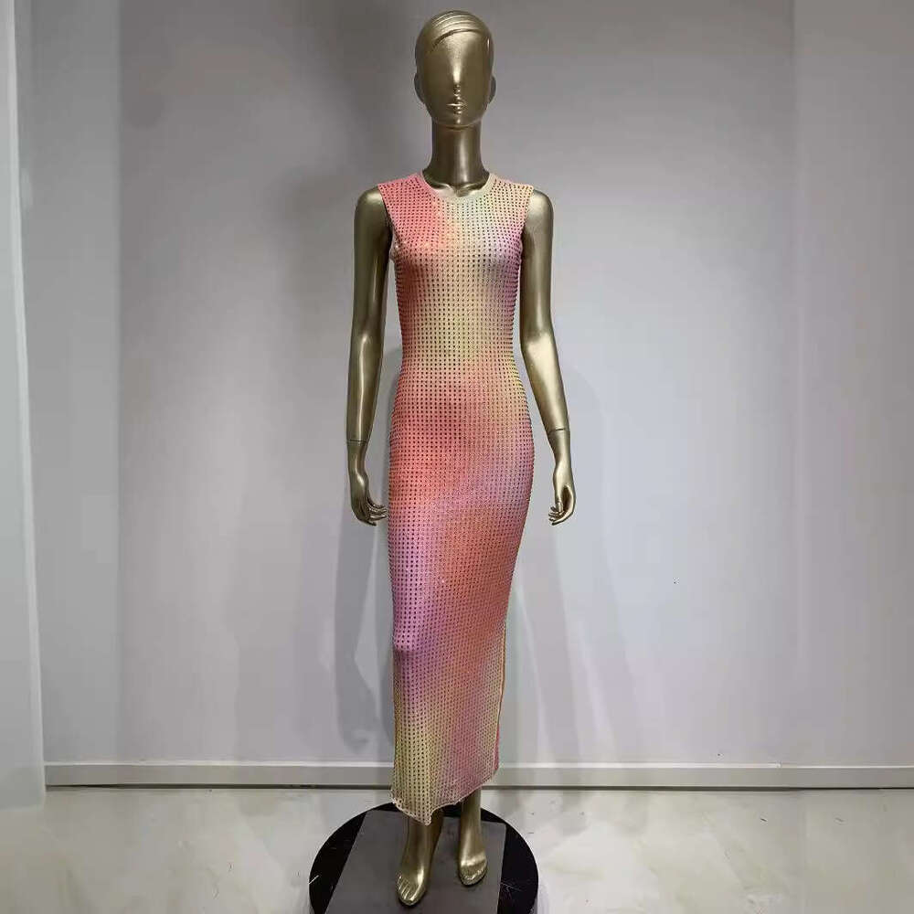 Maxi Dress New Sleeveless Round Neck Hot Diamond Gradient Long Fashion Banquet Party Dress KQ