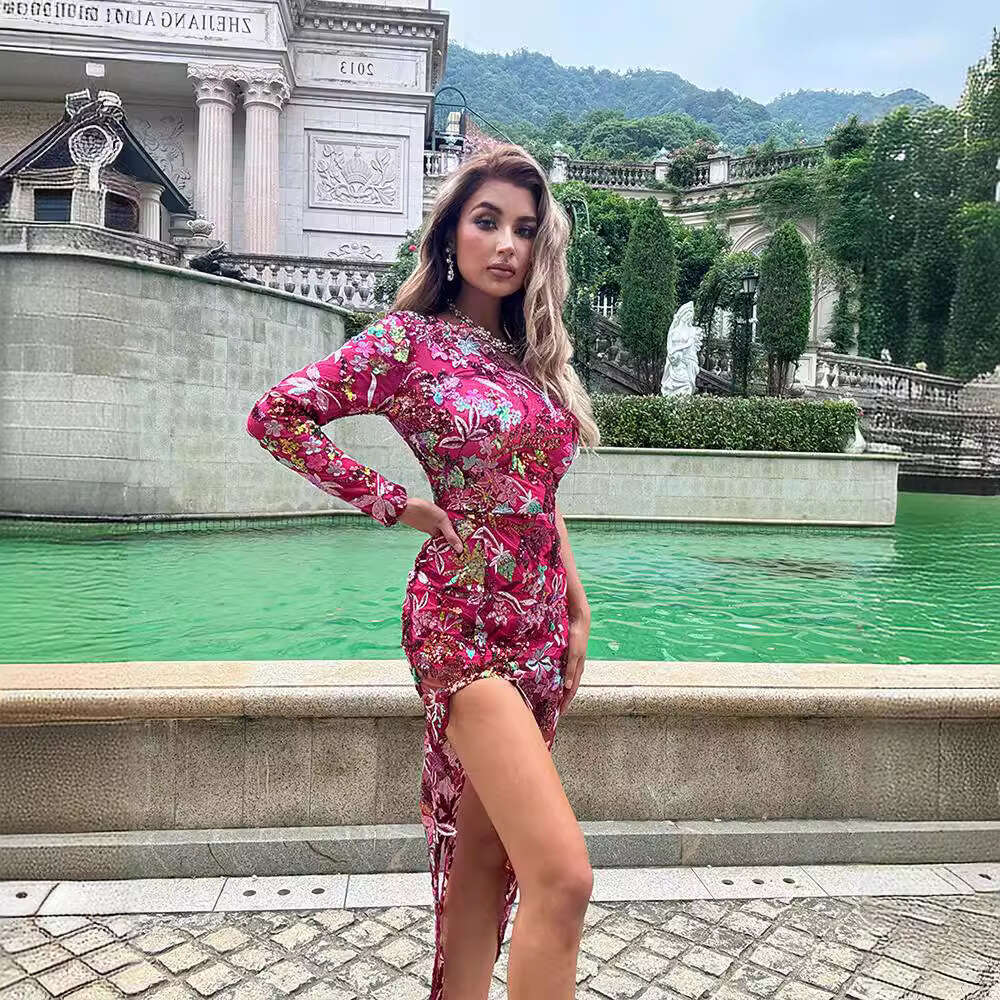 Maxi Dress D Sequin Embroidered Single Shoulder For Spring Summer Women With A High End Feel Including Hip Hugging Banquet Dress And Skirt KQ