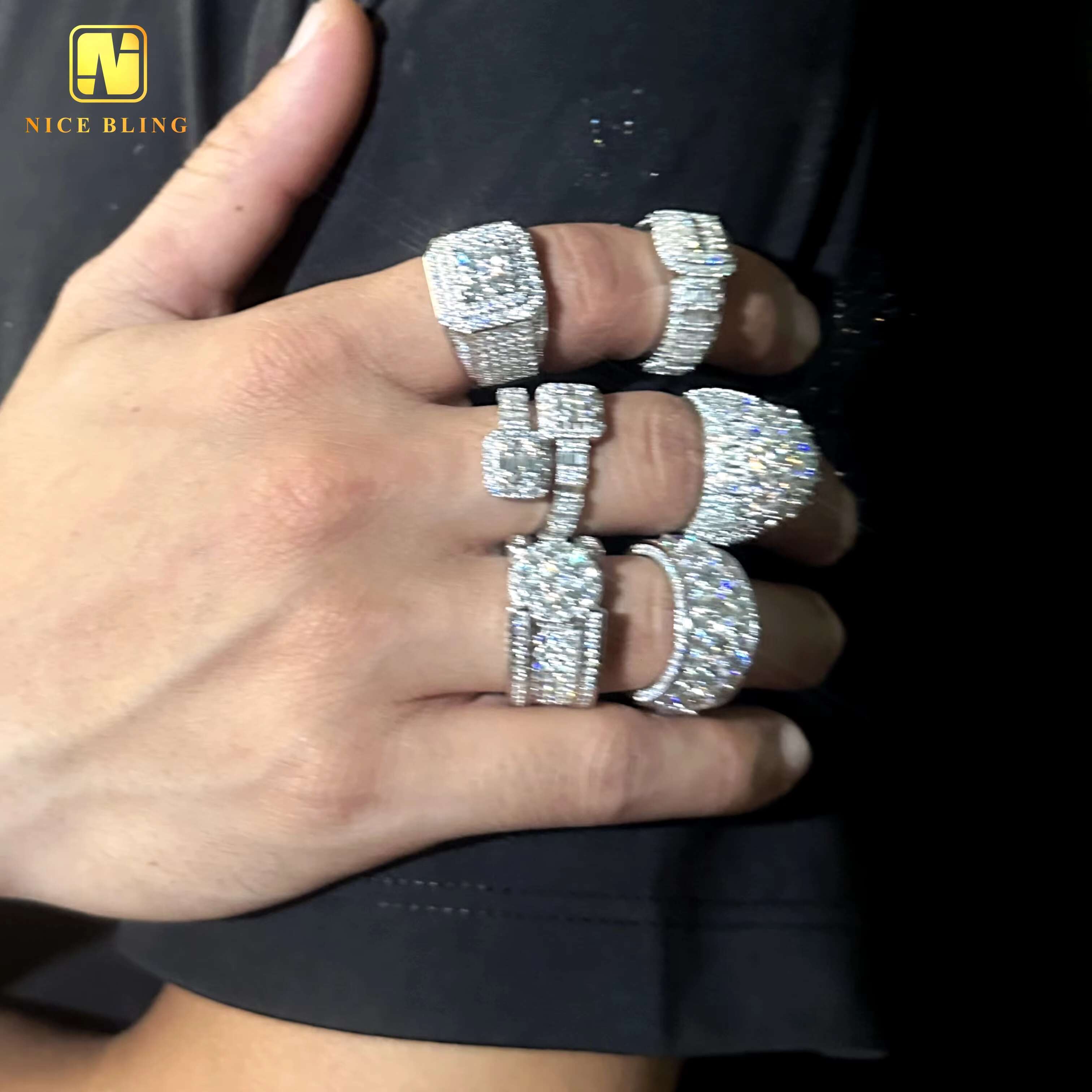 VVS Moissanite Diamond Wedding Engagement Ring Hip Hop Jewelry Iced Out 925 Silver Round Eternity Bands