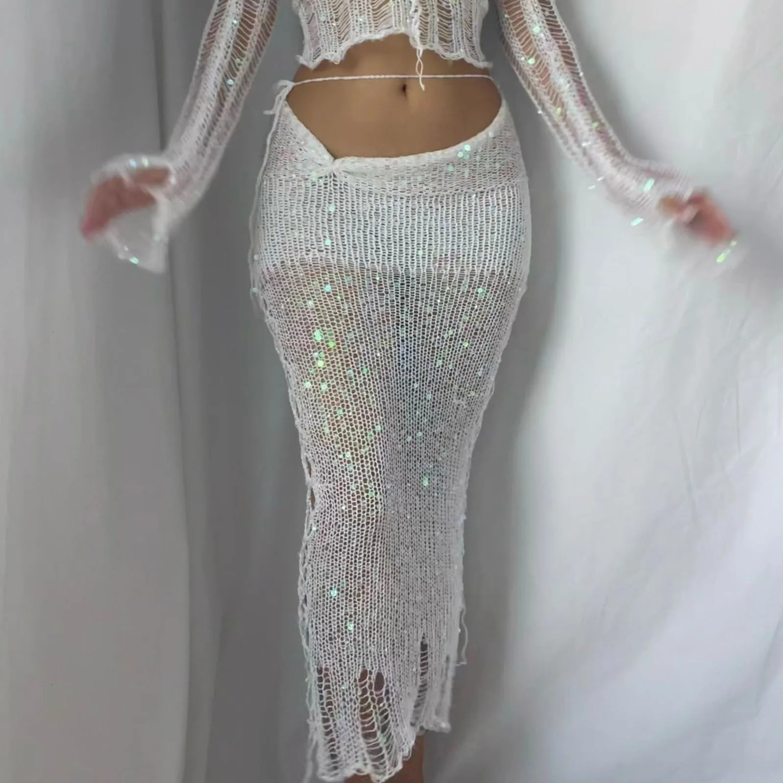 Sexy Sequins Knitted Skirt Sets Women Clothes Hollow Out Long Sleeve Crop Top And Skirt Two Piece Set Beach Vacation Outfits 250516