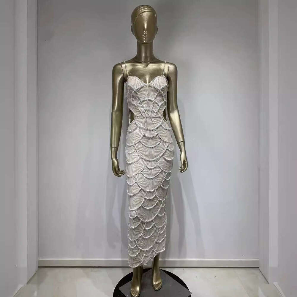 Maxi Dress New White Pearl Sequin With Fashionable Cut Out Party Dress KQ