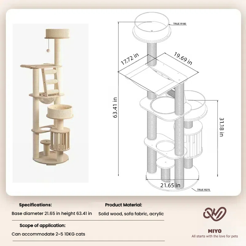 Cat Tree Eco-Friendly Solid Timber Multi-Level Large Cat Tree Tower Tall With Litter Box Enclosure Sturdy Cat Condo Perfect Playground, High 63.41 Inc