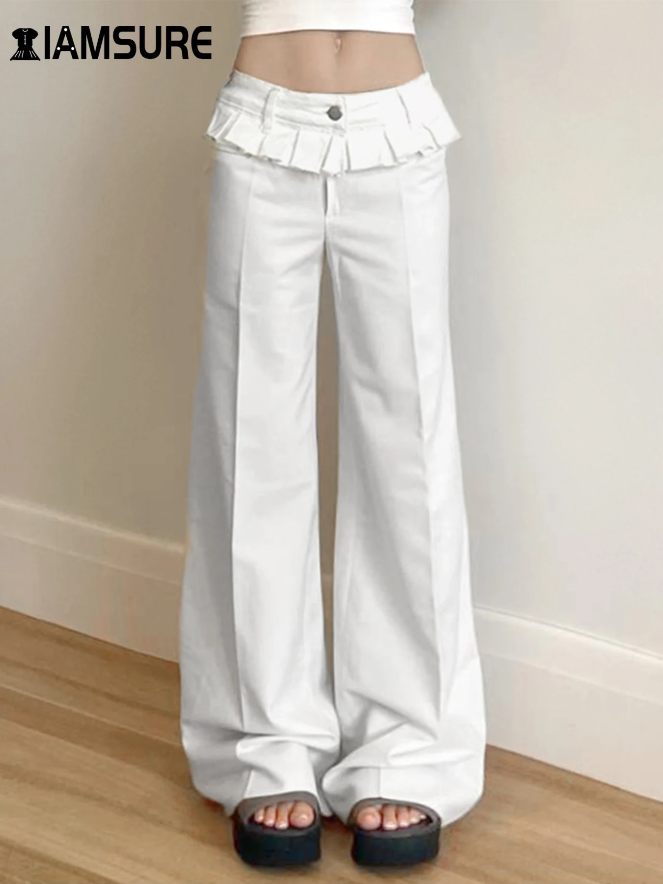 IAMSURE Casual Patchwork Wide Leg Pants Loose Solid Low Waist Straight for Women 2025 Summer Fashion Street Clothing 250506