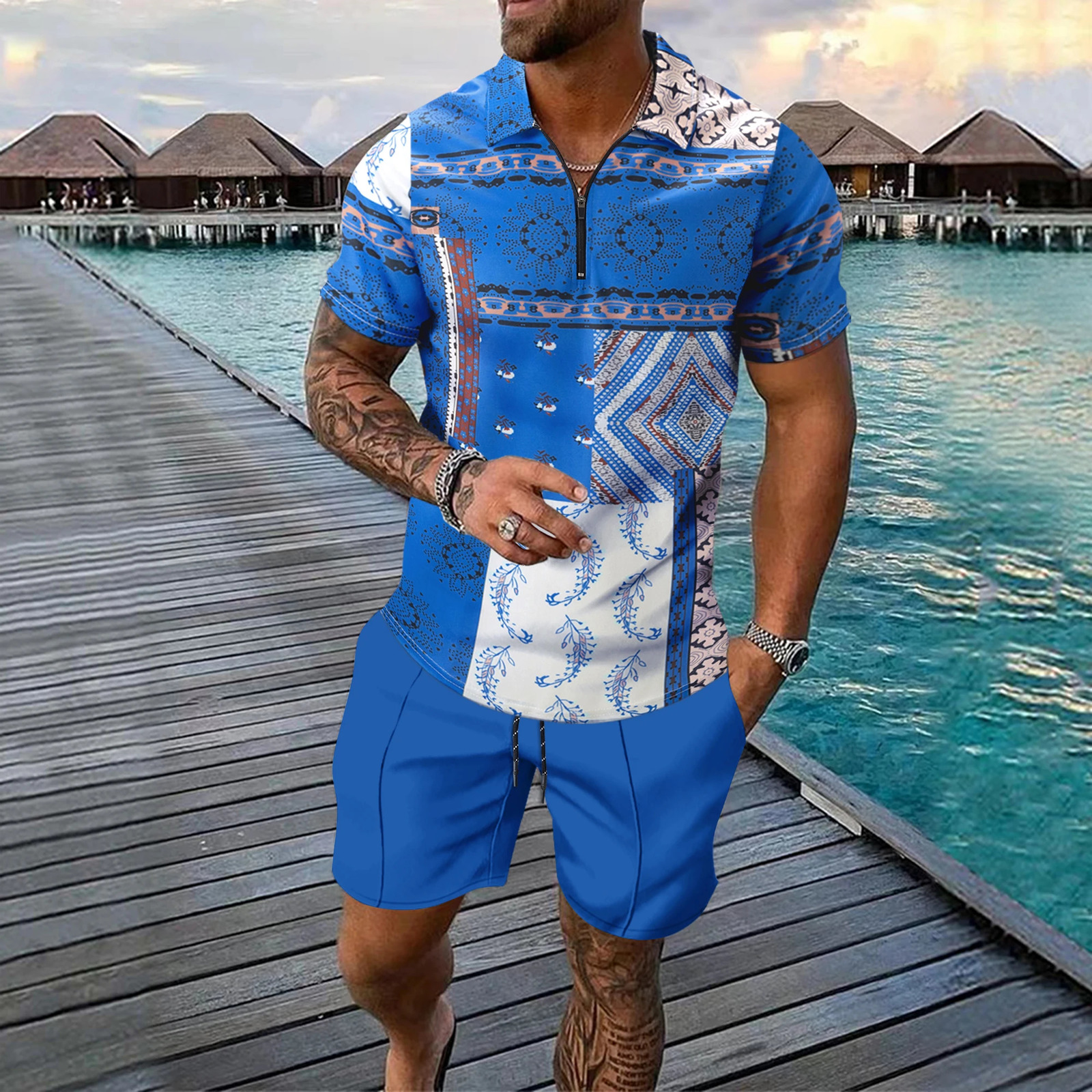 summer mens short sleeve zipper printed Polo shirt shorts Beach Hawaiian style two-piece suit 250517