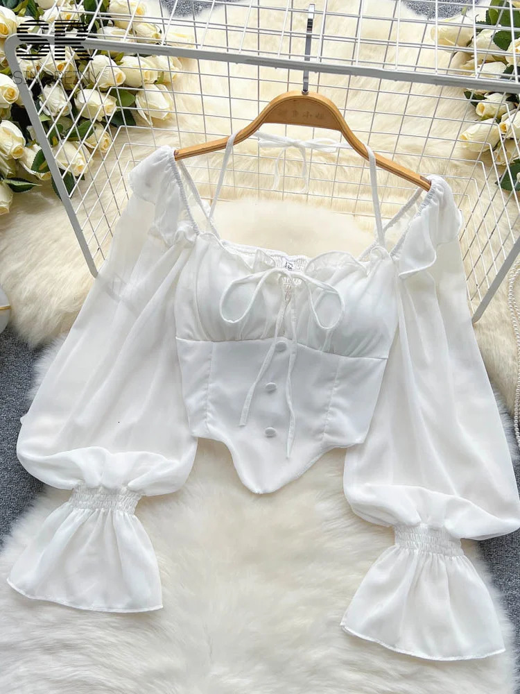 SINGREINY Flare Sleeve Women Tops Ruffle Solid Elastic Waist Halter Backless Chiffon Slim Ladies Harajuku Sexy Short Blouse 250517