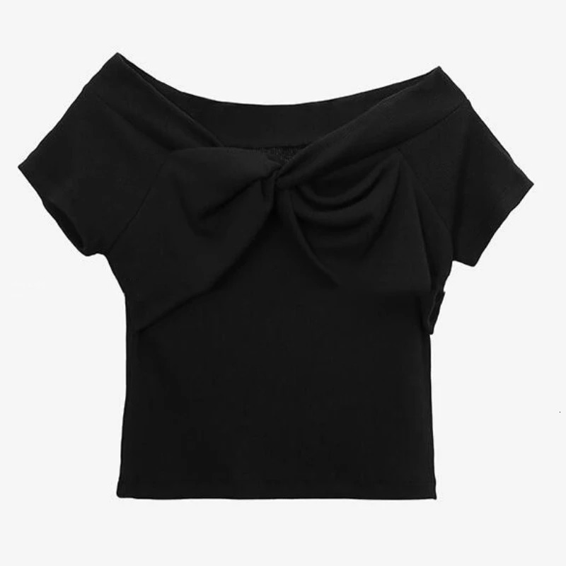 Off Shoulder Sexy Shirt Women T-Shirt Short Sleeve Korean Style Slim Basic Elasticity Top Womens Cropped T Shirt Femme 250517