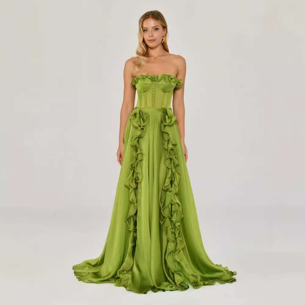 Maxi Dress French Banquet Style Long Summer New Pleated Ruffle Edge Waist Slimming A Line Dress For Women Formai Dress