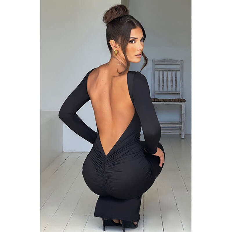 Maxi Dress Ins Slim Fit Long Sleeved Backless Sexy Buttocks Wrapped Dress KQ