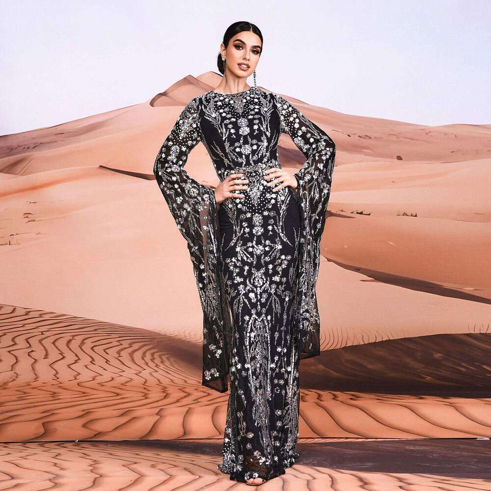 Maxi Dress Ultra Sleeves Elegant Round Neck Sexy Slim Fit Long Sequin Banquet Gown Bridesmaid Dress Dress KQ